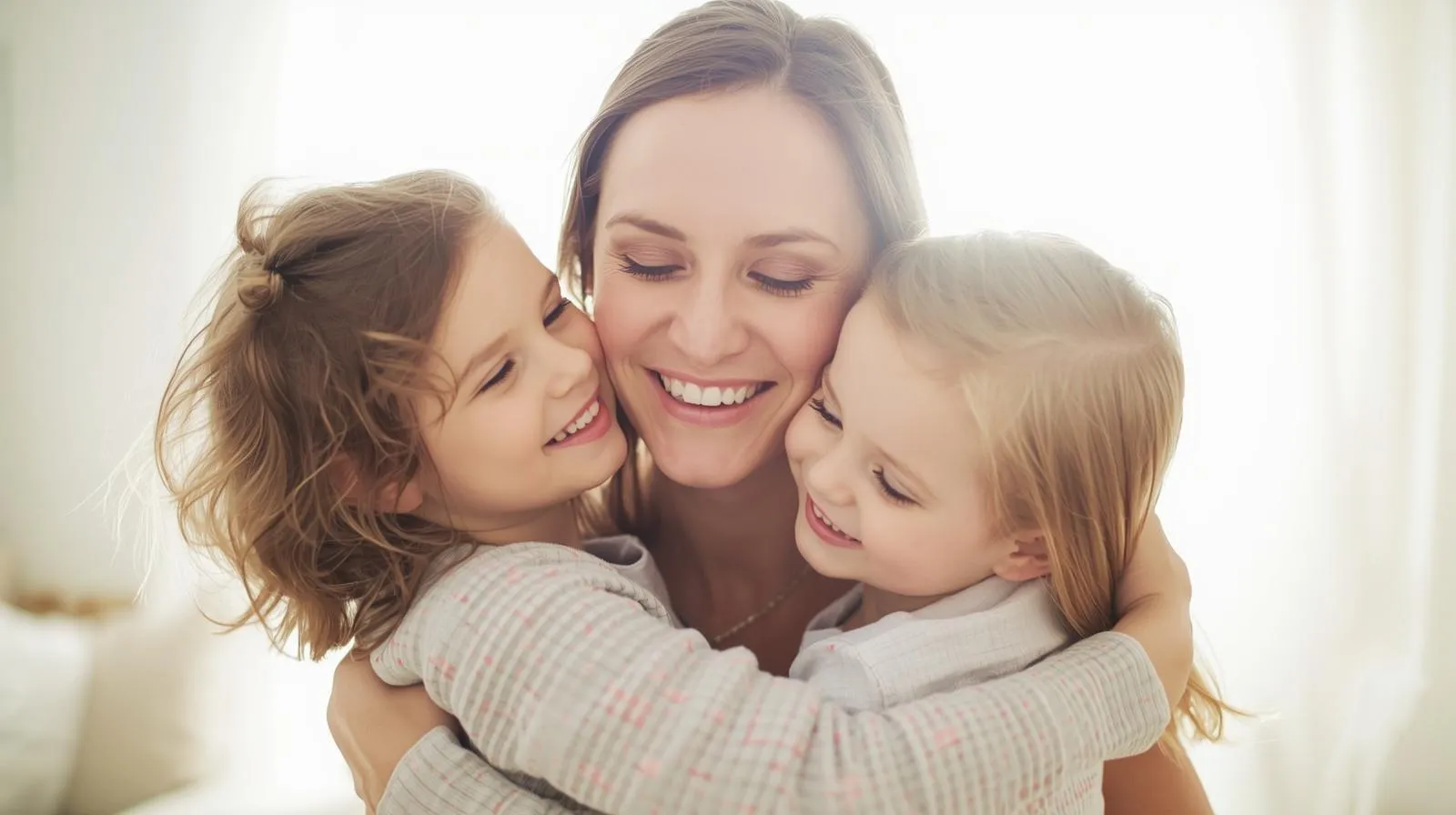A mother smiling as she embraces her two young children