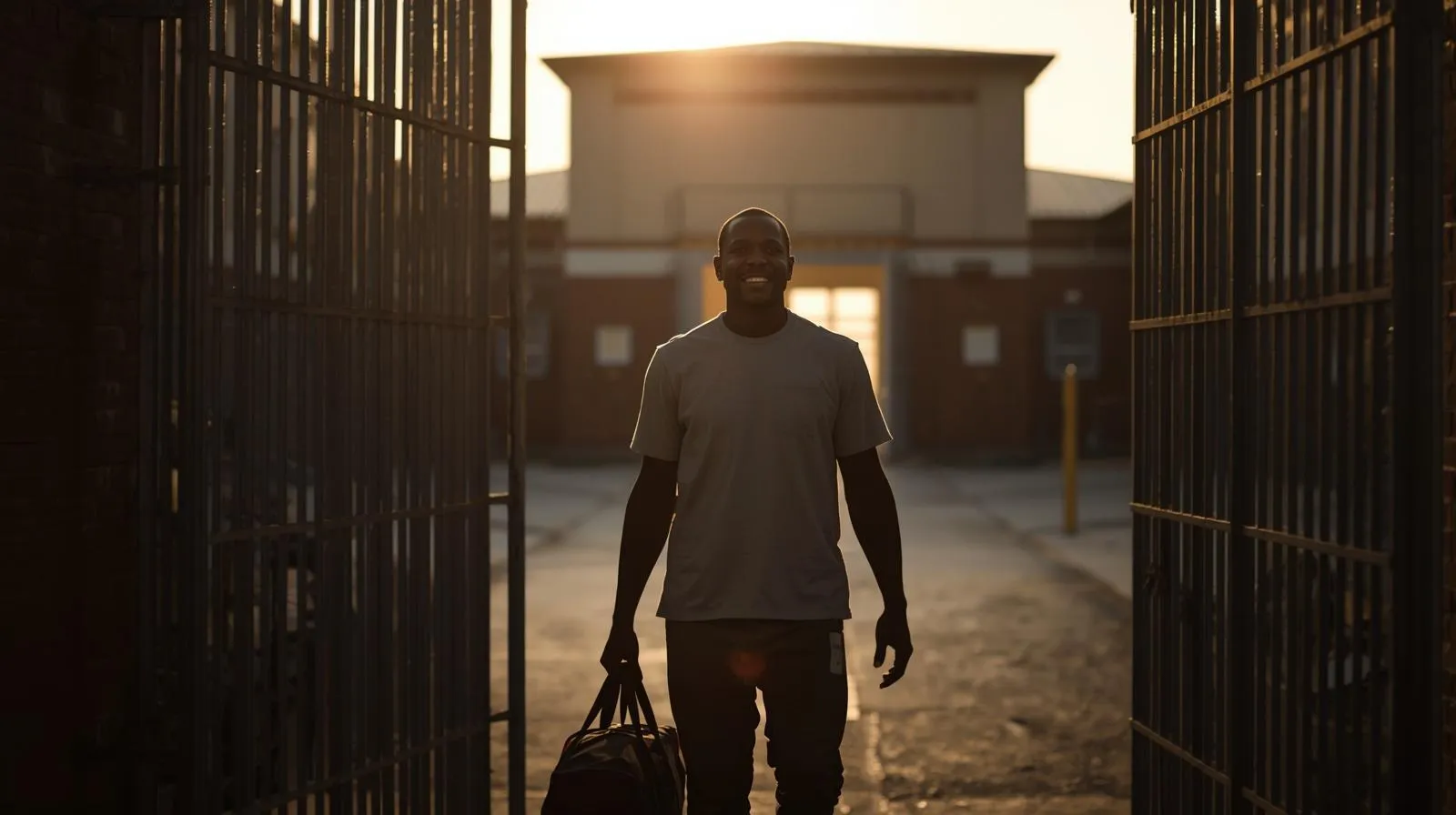 A resident carrying a bag toward a new beginning